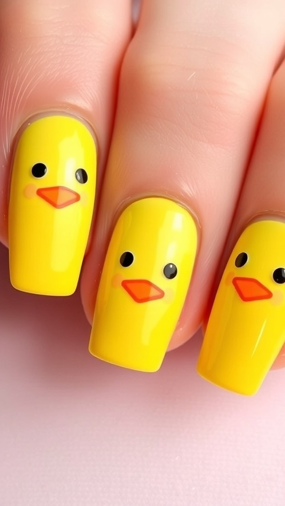 Close-up of duck nail art design with yellow polish and cute duck motifs.